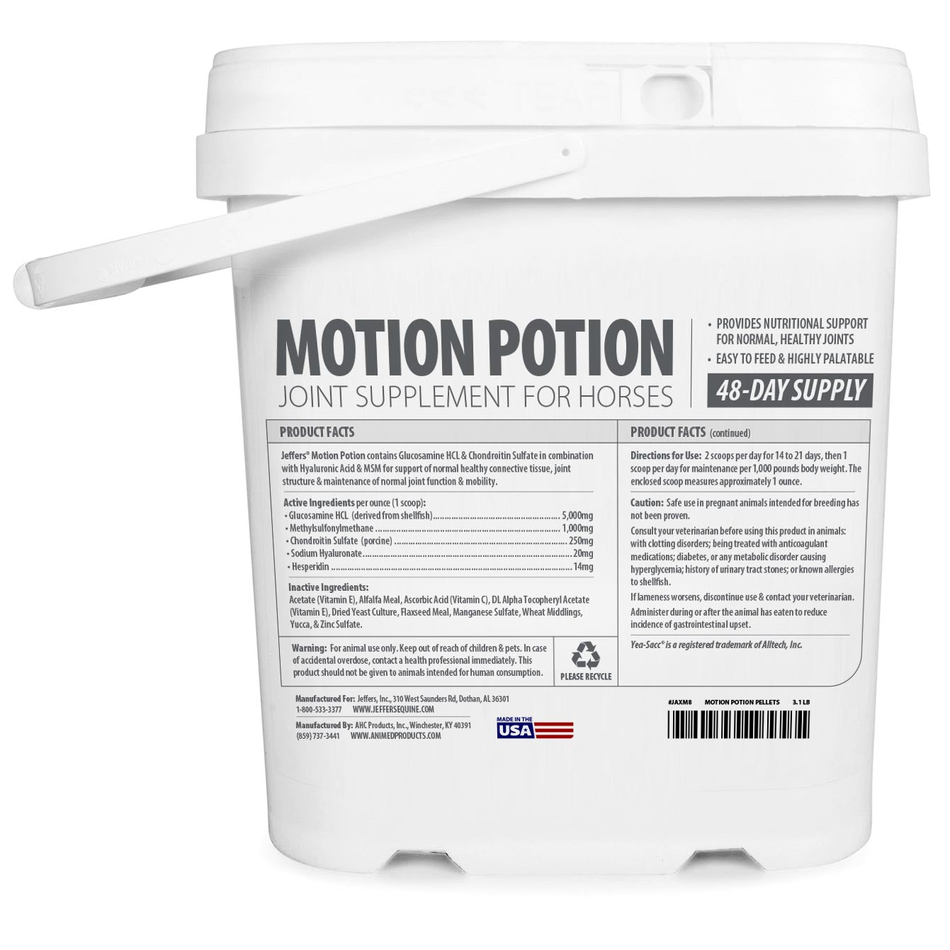 jeffers motion potion horse joint supplement pellets – glucosamine hcl, msm, chondroitin, hyaluronic acid, vitamin c & e, daily equine support for senior & active horses – 3.1, lbs 48 day supply