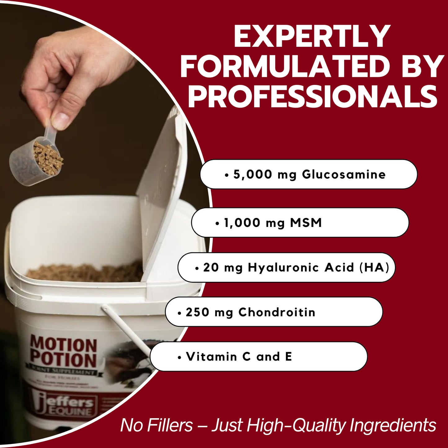 jeffers motion potion horse joint supplement pellets – glucosamine hcl, msm, chondroitin, hyaluronic acid, vitamin c & e, daily equine support for senior & active horses – 3.1, lbs 48 day supply