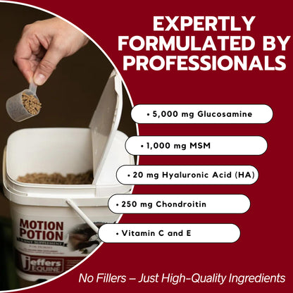 Jeffers Motion Potion Horse Joint Supplement Pellets – Glucosamine HCL, MSM, Chondroitin, Hyaluronic Acid, Vitamin C & E, Daily Equine Support for Senior & Active Horses – 3.1, lbs 48 Day Supply