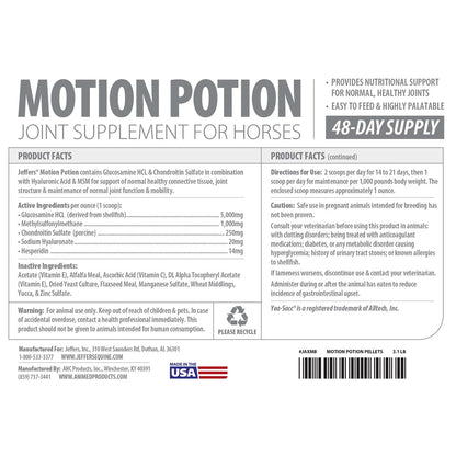 Jeffers Motion Potion Horse Joint Supplement Pellets – Glucosamine HCL, MSM, Chondroitin, Hyaluronic Acid, Vitamin C & E, Daily Equine Support for Senior & Active Horses – 3.1, lbs 48 Day Supply