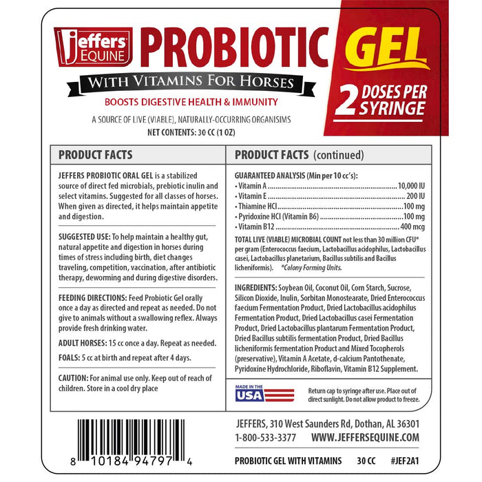jeffers equine probiotic oral gel for horses, 30 cc syringe – supports healthy gut, natural appetite & digestion, horse supplement w/ prebiotics, live microbials (30m cfu), vitamins a b e, usa made