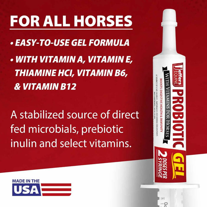 jeffers equine probiotic oral gel for horses, 30 cc syringe – supports healthy gut, natural appetite & digestion, horse supplement w/ prebiotics, live microbials (30m cfu), vitamins a b e, usa made