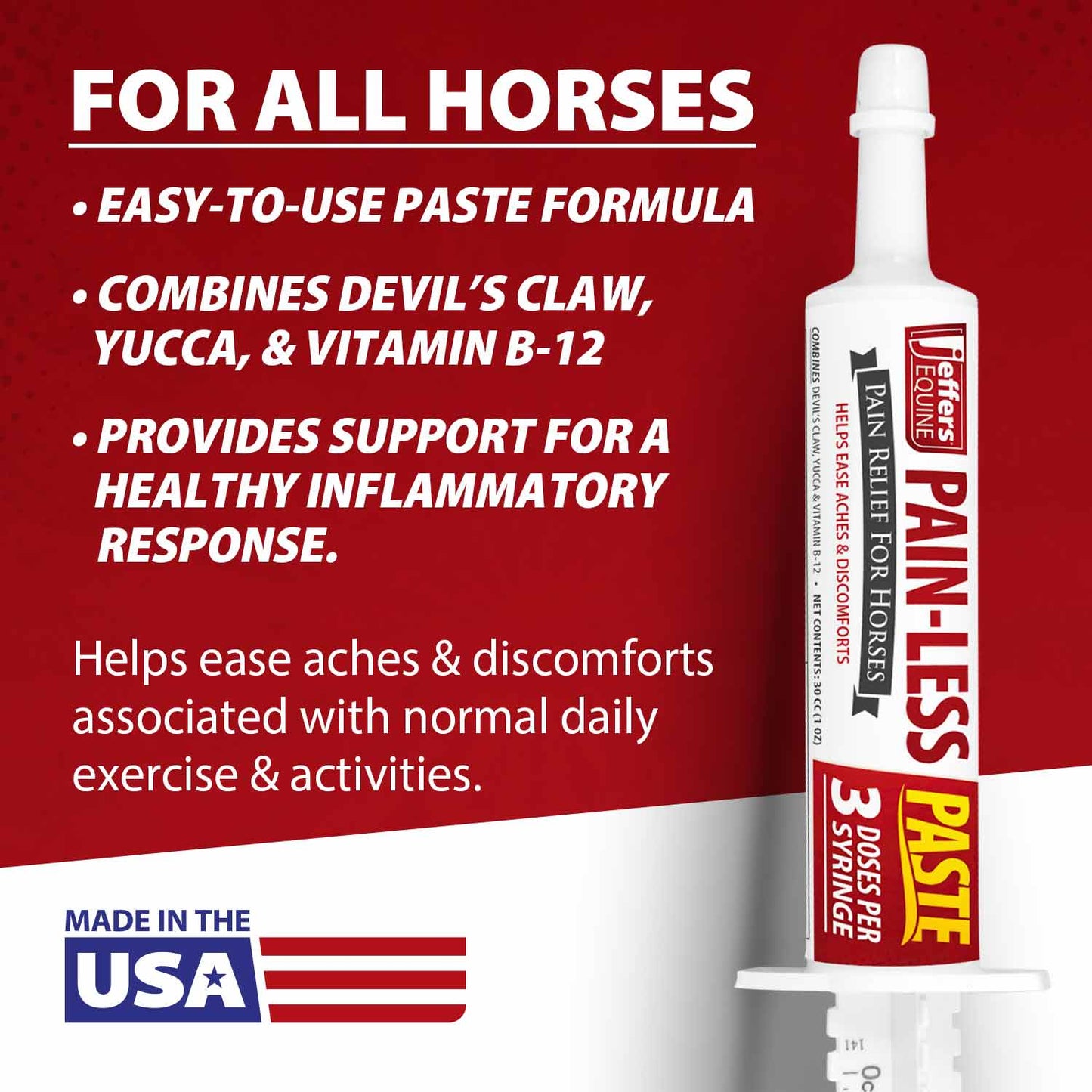 jeffers equine pain less paste horse supplement – joint muscle comfort & mobility support w/ devil’s claw, yucca, vitamin b12, w/ prebiotic for digestive nutritional support for horses, 30cc syringe