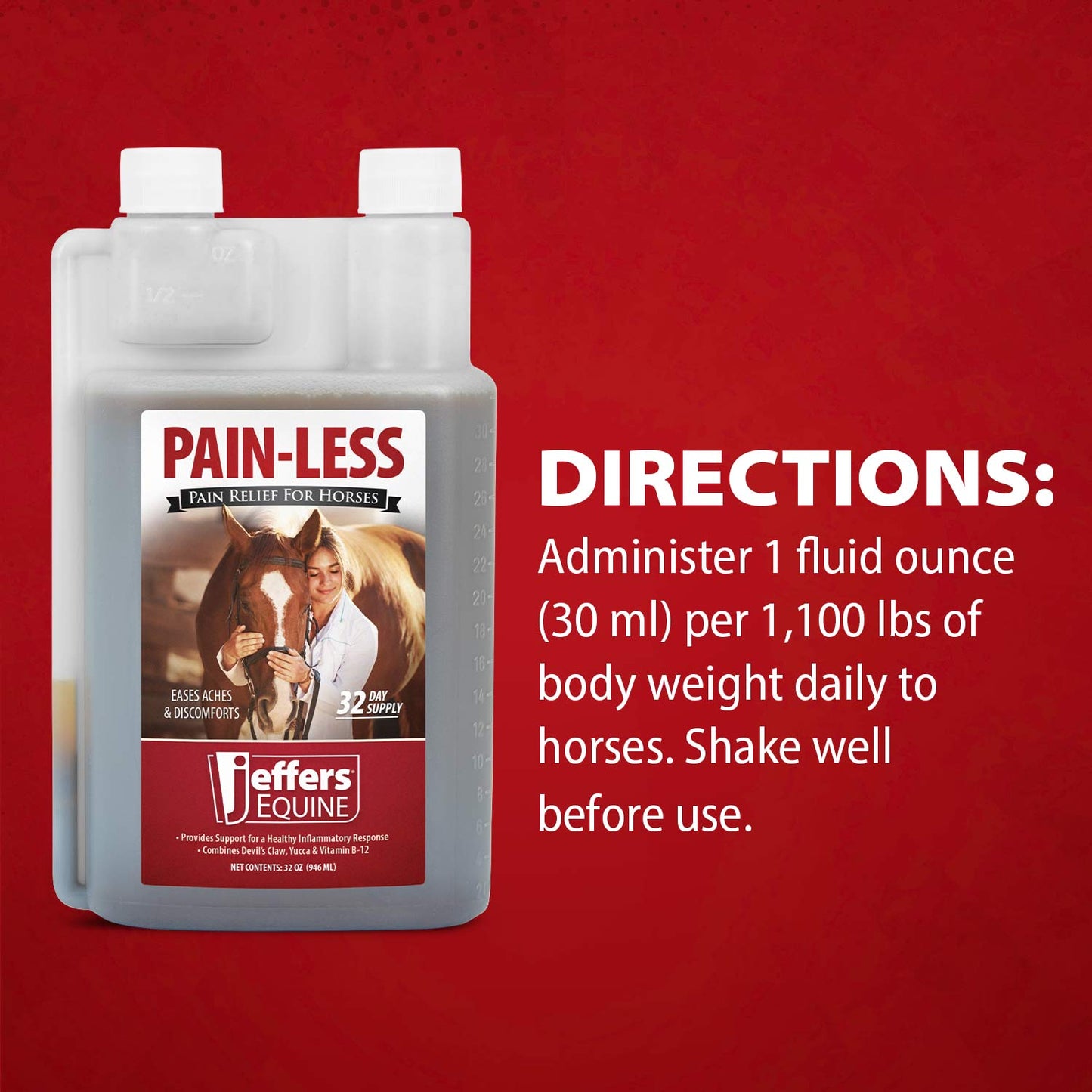 jeffers equine pain less liquid horse supplement – joint muscle comfort & mobility support with devil’s claw, yucca, vitamin b12, w/ prebiotic for digestive nutritional support for horses - 32 oz