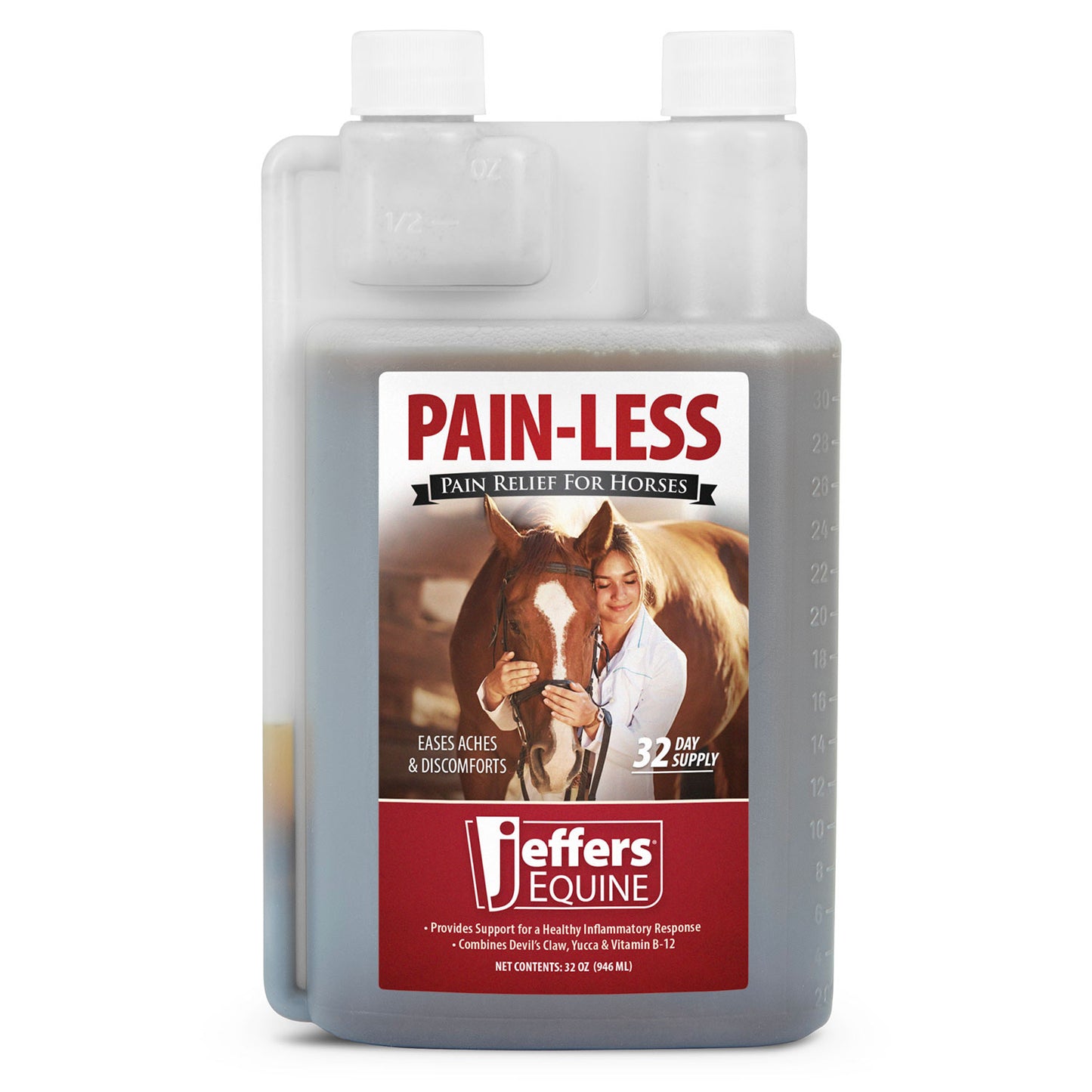 jeffers equine pain less liquid horse supplement – joint muscle comfort & mobility support with devil’s claw, yucca, vitamin b12, w/ prebiotic for digestive nutritional support for horses - 32 oz