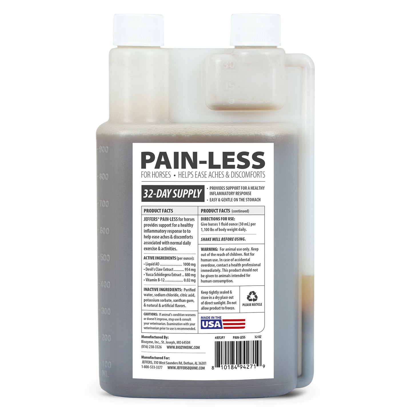 jeffers equine pain less liquid horse supplement – joint muscle comfort & mobility support with devil’s claw, yucca, vitamin b12, w/ prebiotic for digestive nutritional support for horses - 32 oz