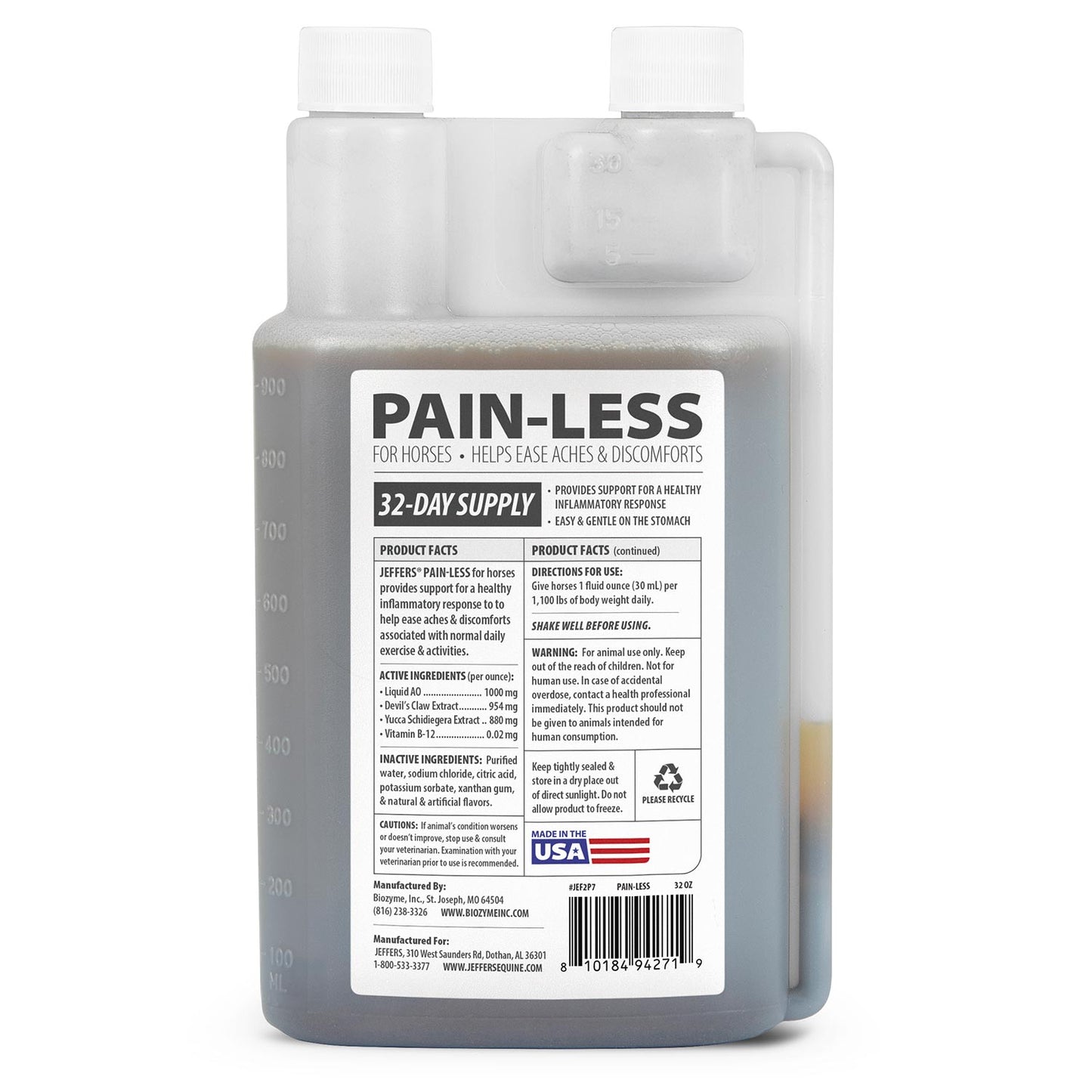 jeffers equine pain less liquid horse supplement – joint muscle comfort & mobility support with devil’s claw, yucca, vitamin b12, w/ prebiotic for digestive nutritional support for horses - 32 oz