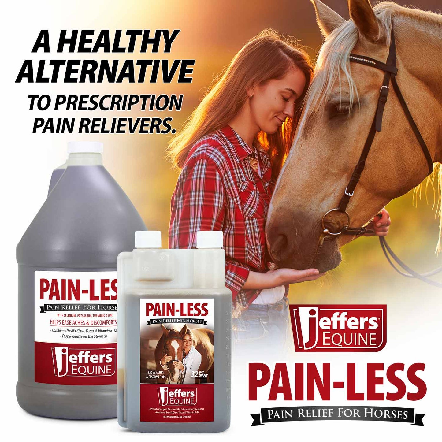 jeffers equine pain less liquid horse supplement – joint muscle comfort & mobility support with devil’s claw, yucca, vitamin b12, w/ prebiotic for digestive nutritional support for horses - 32 oz