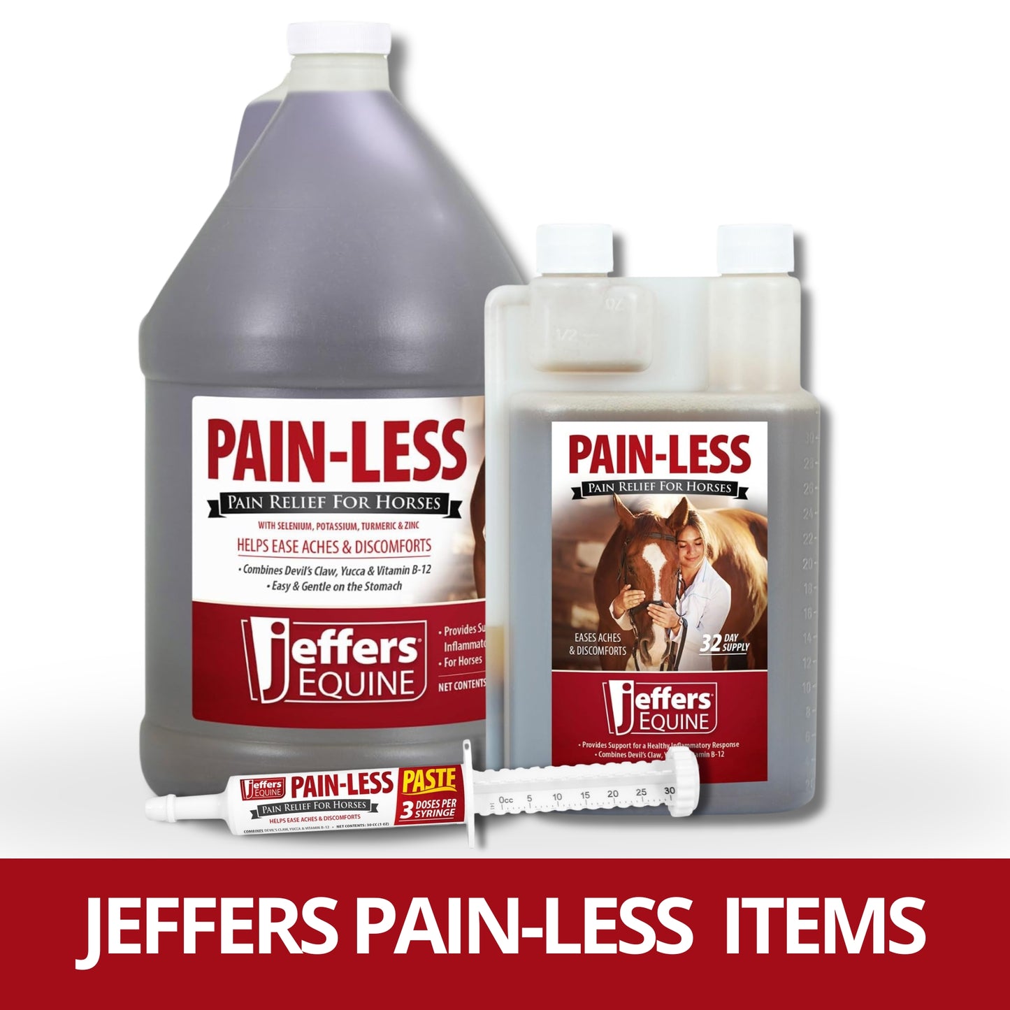 jeffers equine pain less liquid horse supplement – joint muscle comfort & mobility support with devil’s claw, yucca, vitamin b12, w/ prebiotic for digestive nutritional support for horses - 32 oz