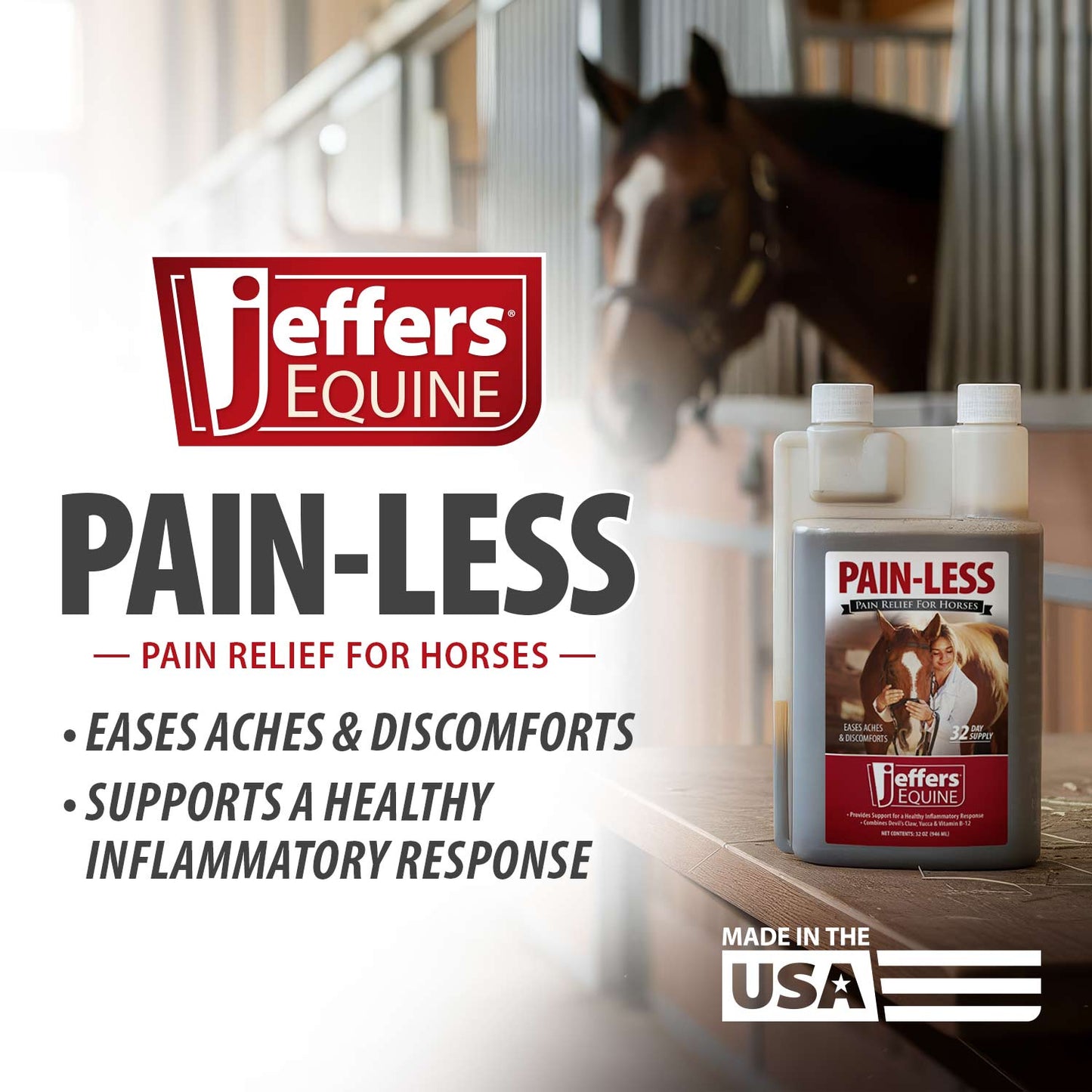 jeffers equine pain less liquid horse supplement – joint muscle comfort & mobility support with devil’s claw, yucca, vitamin b12, w/ prebiotic for digestive nutritional support for horses - 32 oz