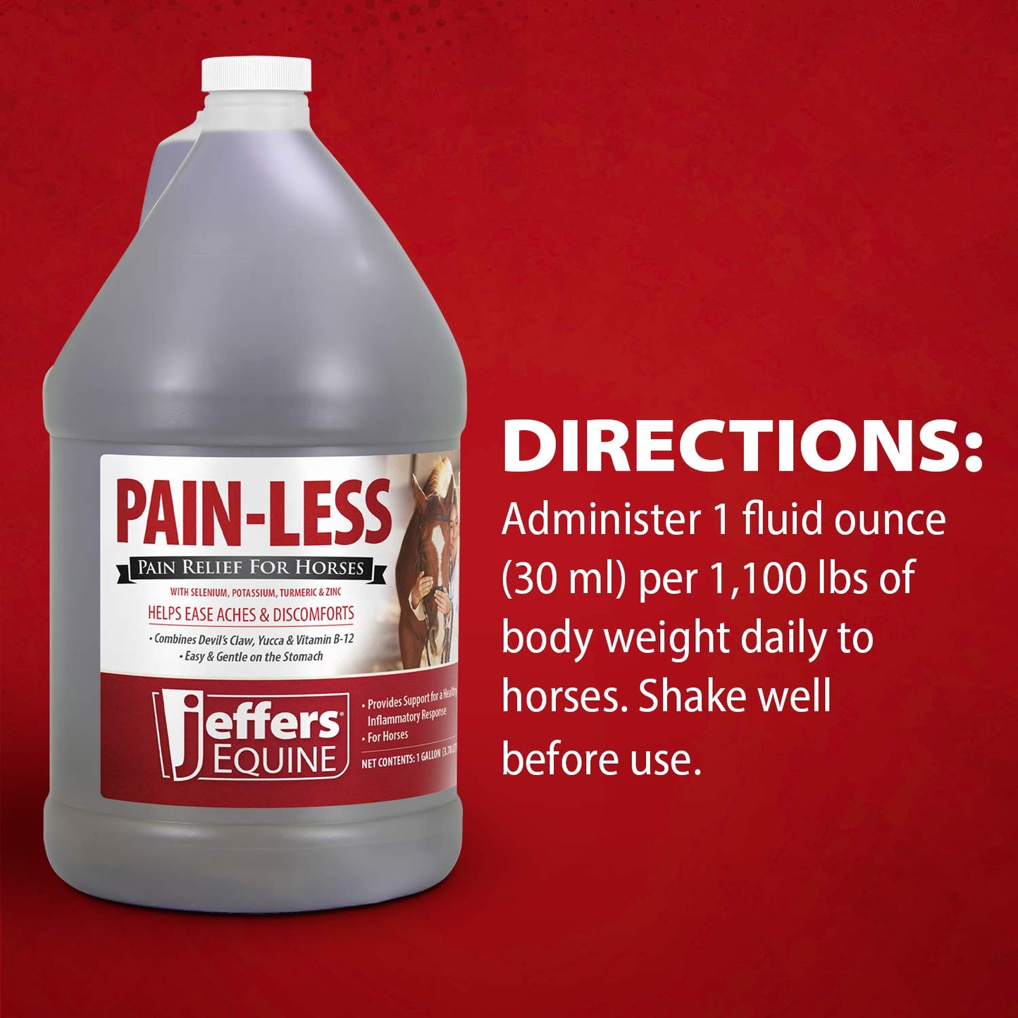 jeffers equine pain less liquid horse supplement – joint muscle comfort & mobility support with devil’s claw, yucca, vitamin b12, w/ prebiotic for digestive nutritional support for horses - 128 oz