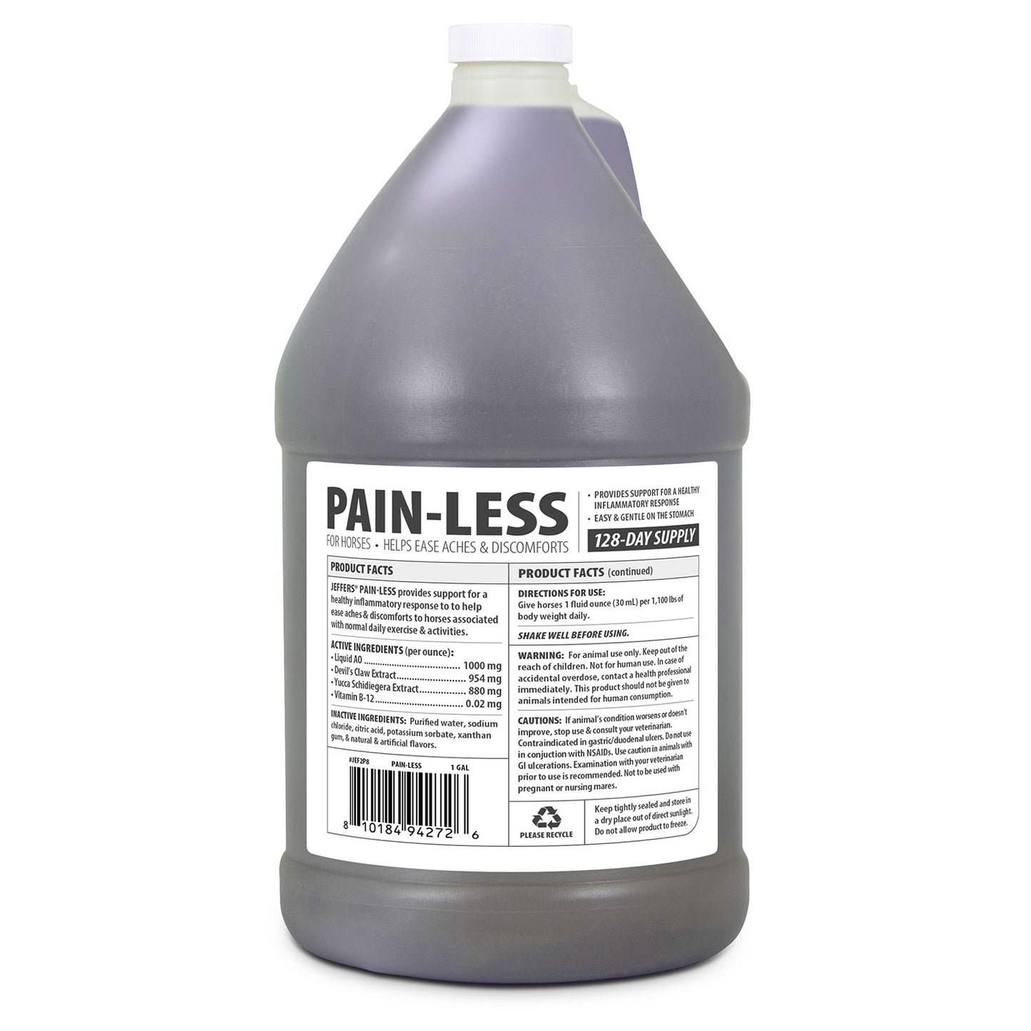 jeffers equine pain less liquid horse supplement – joint muscle comfort & mobility support with devil’s claw, yucca, vitamin b12, w/ prebiotic for digestive nutritional support for horses - 128 oz