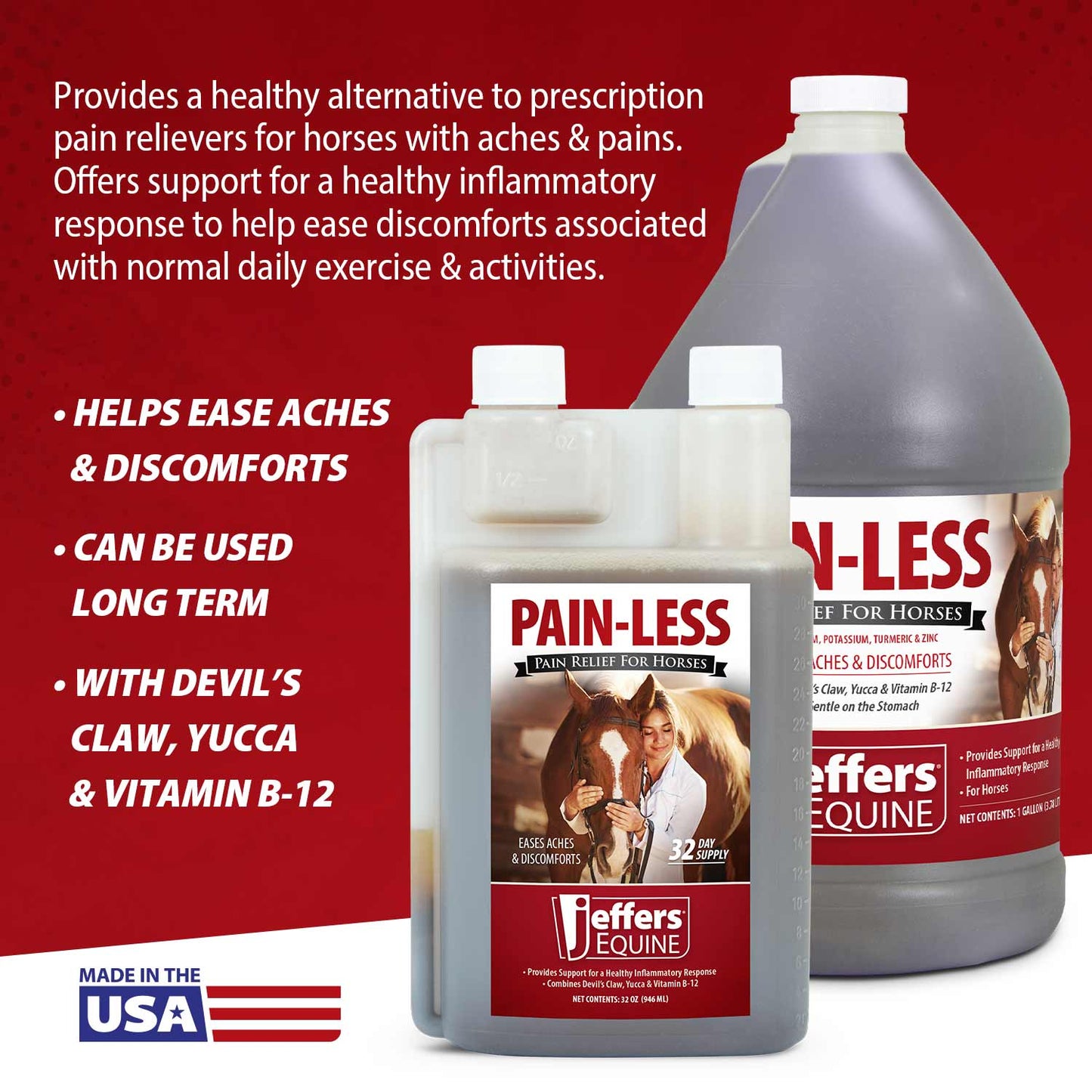 jeffers equine pain less liquid horse supplement – joint muscle comfort & mobility support with devil’s claw, yucca, vitamin b12, w/ prebiotic for digestive nutritional support for horses - 128 oz