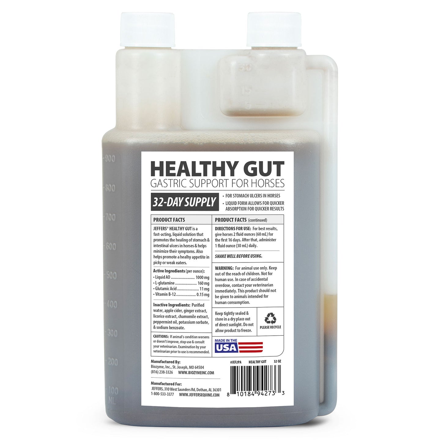 jeffers healthy gut horse gastric support – liquid digestive supplement for horses prone to ulcers, easy to feed formula, supports gut comfort & balanced digestion – 32 oz (32 day supply)