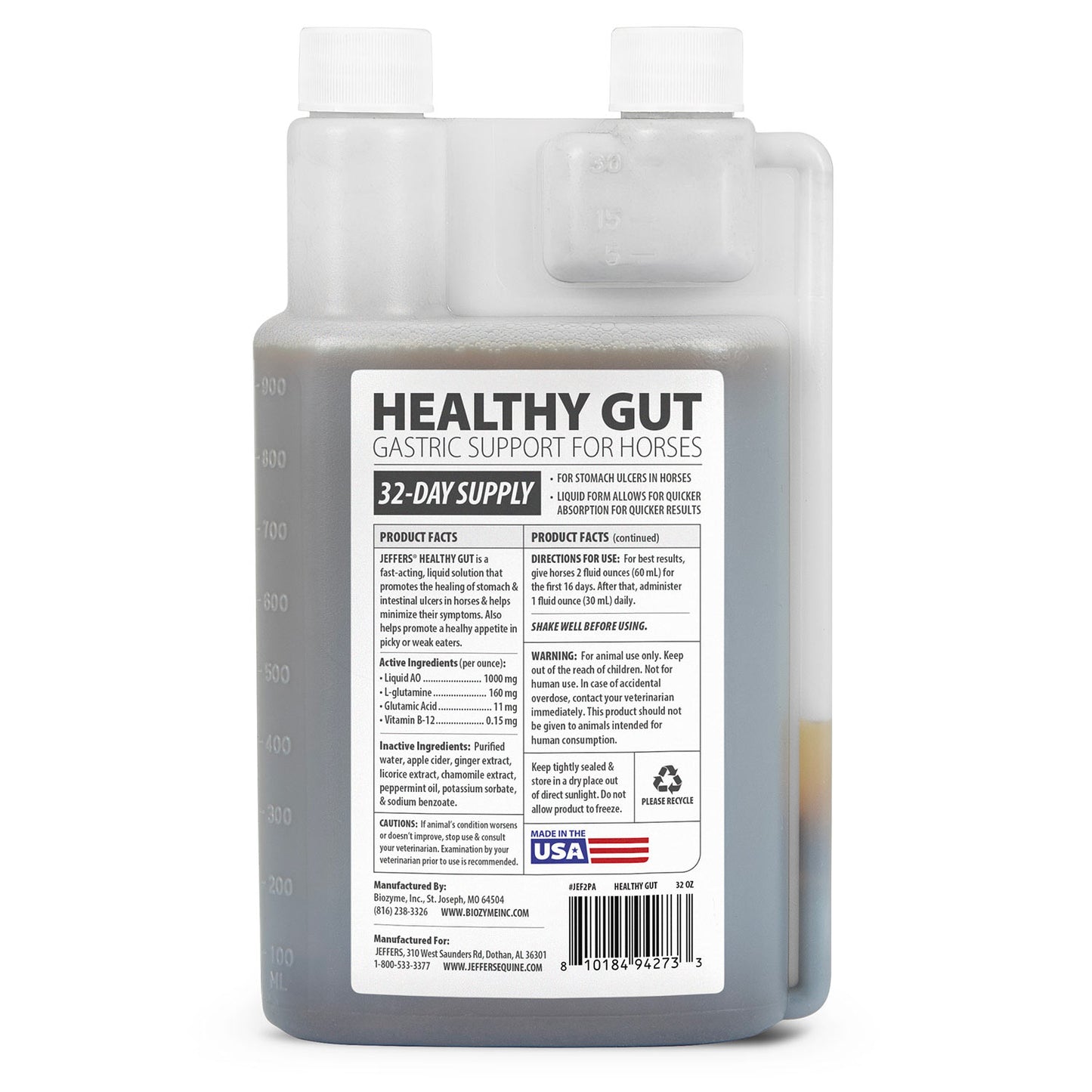 jeffers healthy gut horse gastric support – liquid digestive supplement for horses prone to ulcers, easy to feed formula, supports gut comfort & balanced digestion – 32 oz (32 day supply)