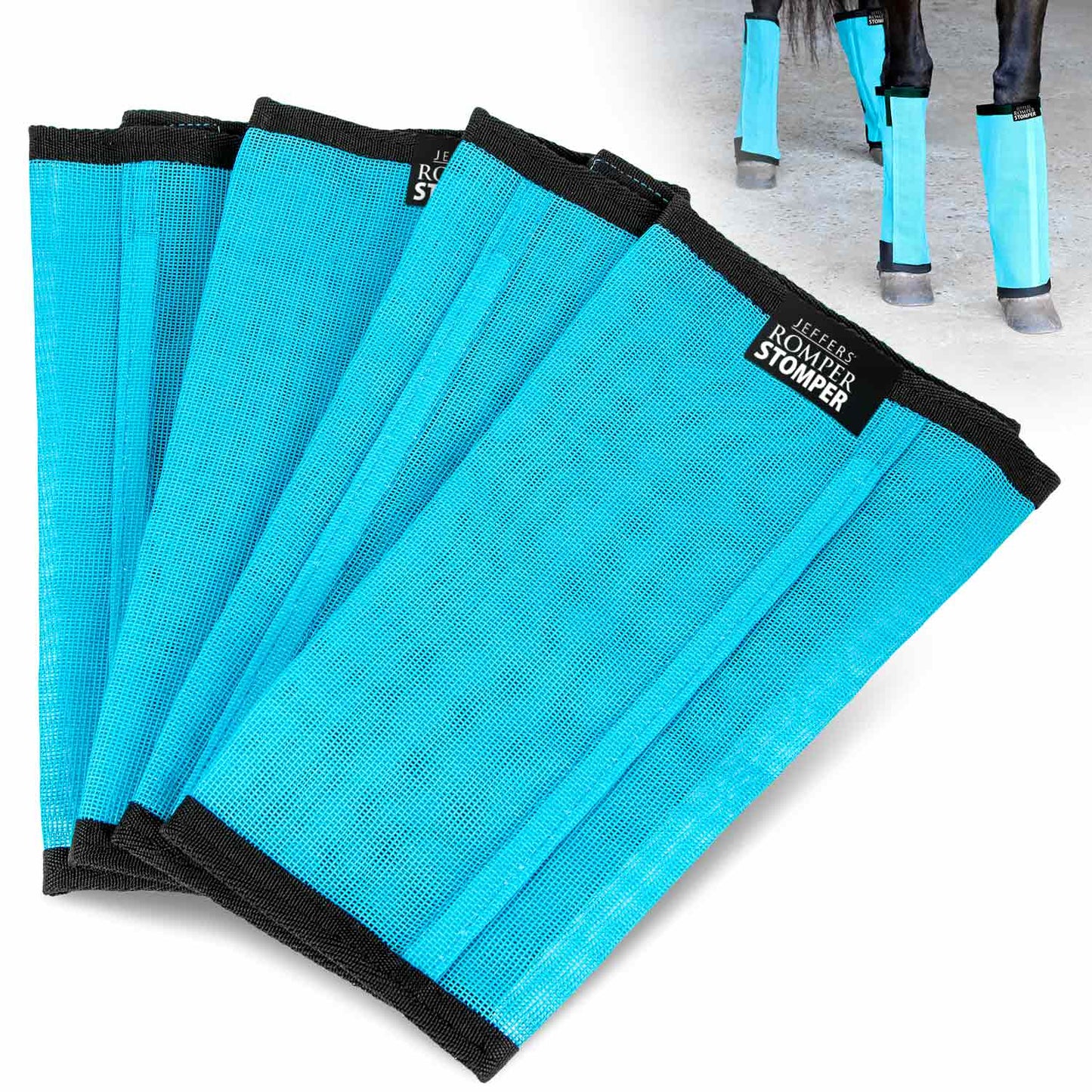 jeffers romper stomper fly boots for horses, turquoise, medium, breathable mesh horse leg protection leggings, adjustable, chemical free, easy clean, reduce stomping, equine accessories - 4 pack