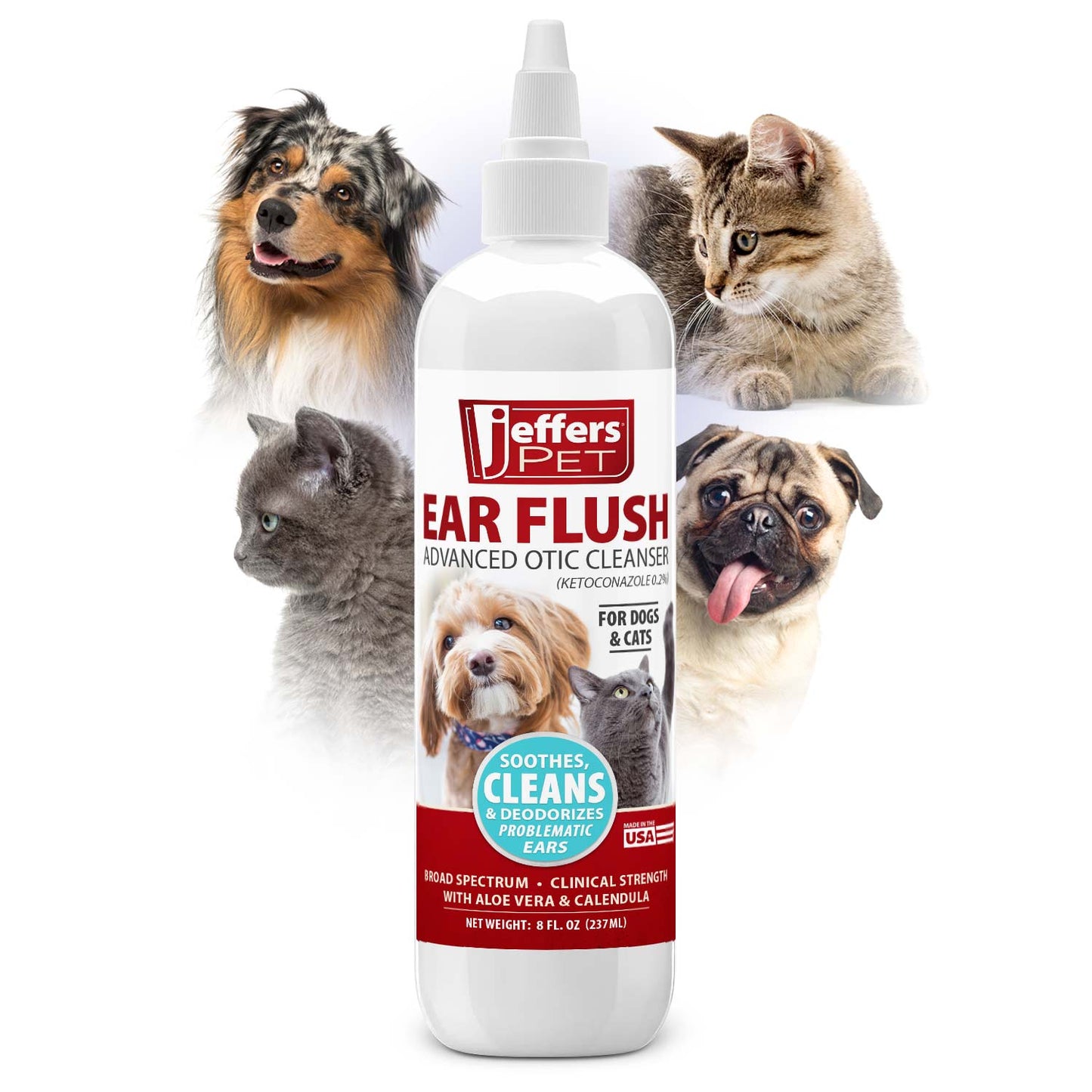 jeffers ear flush for dogs, cats & puppies, 8 oz - otic ear cleanser solution with 0.2% ketoconazole, aloe vera & calendula, gentle ear wash for pet hygiene, grooming, wax & debris cleaning
