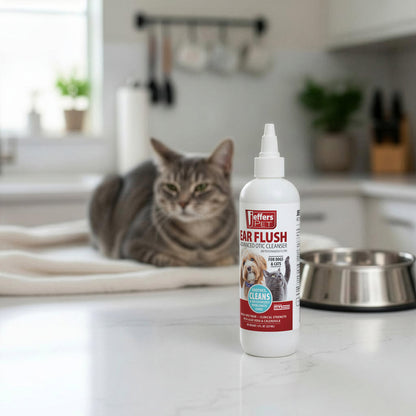Jeffers Ear Flush for Dogs, Cats & Puppies, 8 oz - Otic Ear Cleanser Solution with 0.2% Ketoconazole, Aloe Vera & Calendula, Gentle Ear Wash for Pet Hygiene, Grooming, Wax & Debris Cleaning