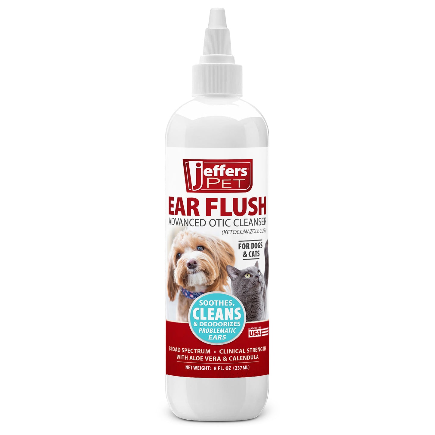 jeffers ear flush for dogs, cats & puppies, 8 oz - otic ear cleanser solution with 0.2% ketoconazole, aloe vera & calendula, gentle ear wash for pet hygiene, grooming, wax & debris cleaning