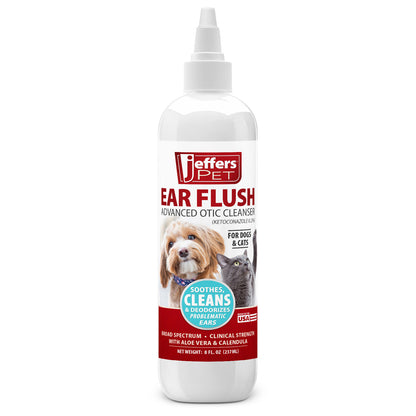 Jeffers Ear Flush for Dogs, Cats & Puppies, 8 oz - Otic Ear Cleanser Solution with 0.2% Ketoconazole, Aloe Vera & Calendula, Gentle Ear Wash for Pet Hygiene, Grooming, Wax & Debris Cleaning