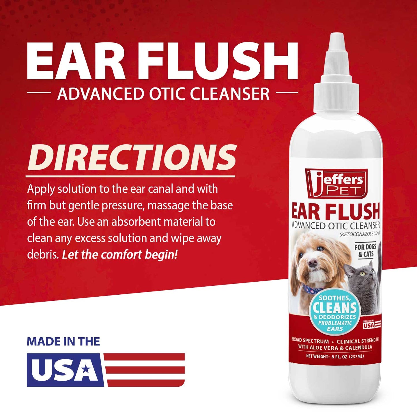 jeffers ear flush for dogs, cats & puppies, 8 oz - otic ear cleanser solution with 0.2% ketoconazole, aloe vera & calendula, gentle ear wash for pet hygiene, grooming, wax & debris cleaning