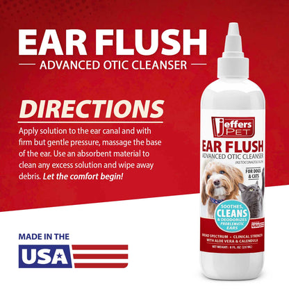 Jeffers Ear Flush for Dogs, Cats & Puppies, 8 oz - Otic Ear Cleanser Solution with 0.2% Ketoconazole, Aloe Vera & Calendula, Gentle Ear Wash for Pet Hygiene, Grooming, Wax & Debris Cleaning