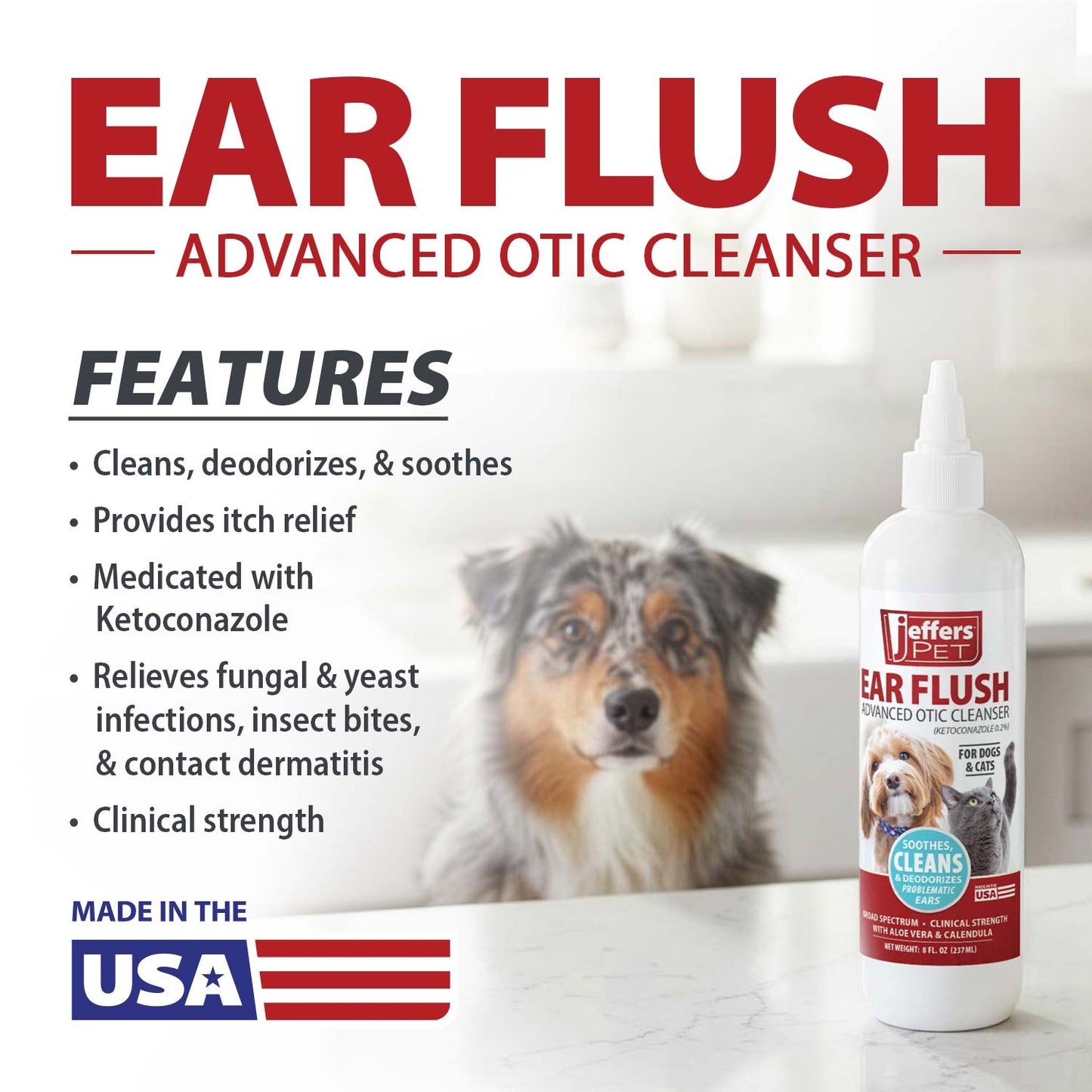 jeffers ear flush for dogs, cats & puppies, 8 oz - otic ear cleanser solution with 0.2% ketoconazole, aloe vera & calendula, gentle ear wash for pet hygiene, grooming, wax & debris cleaning