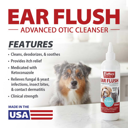 Jeffers Ear Flush for Dogs, Cats & Puppies, 8 oz - Otic Ear Cleanser Solution with 0.2% Ketoconazole, Aloe Vera & Calendula, Gentle Ear Wash for Pet Hygiene, Grooming, Wax & Debris Cleaning