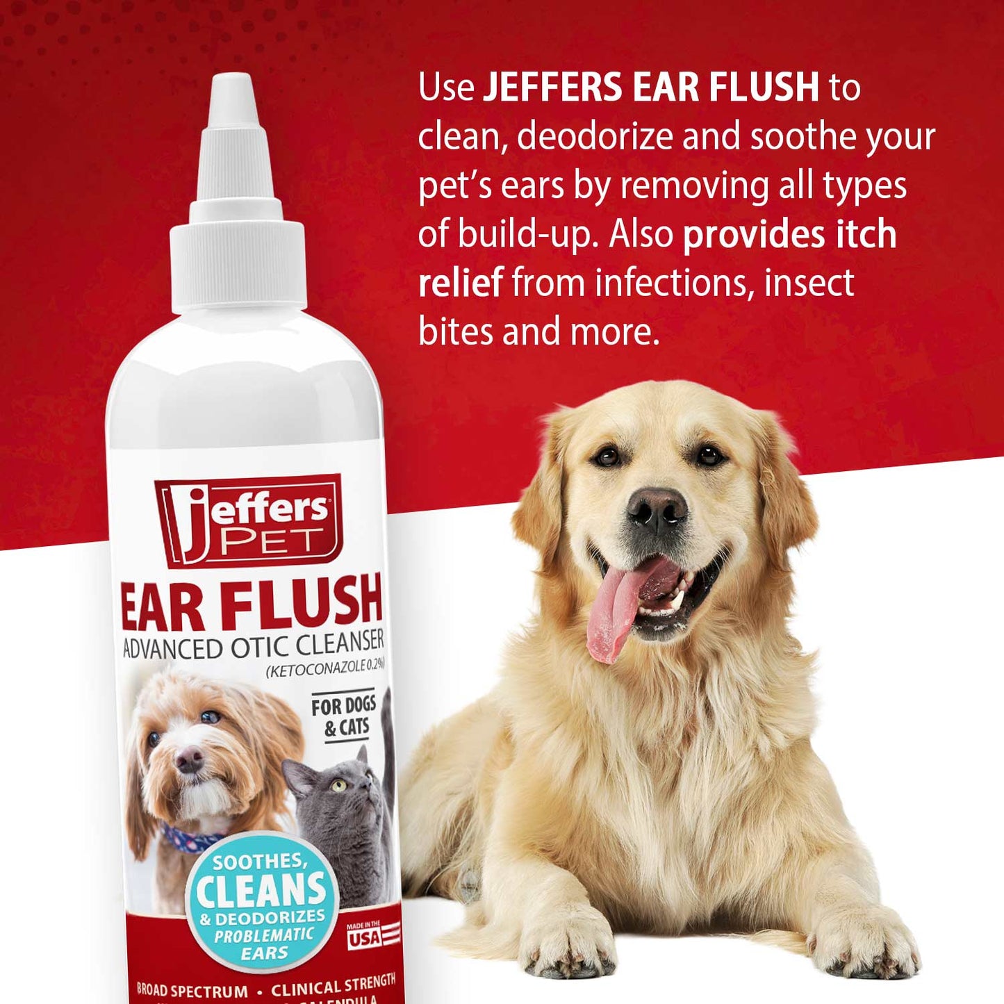 jeffers ear flush for dogs, cats & puppies, 8 oz - otic ear cleanser solution with 0.2% ketoconazole, aloe vera & calendula, gentle ear wash for pet hygiene, grooming, wax & debris cleaning