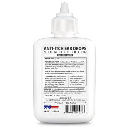 Jeffers Anti-Itch Ear Drops for Dogs & Cats, 2 fl oz -1% Hydrocortisone Otic Solution, Soothes Itchy Ears, Supports Ear Comfort & Hygiene, Clean & Refreshes, Safe for Puppies, Kittens, Adult Pet
