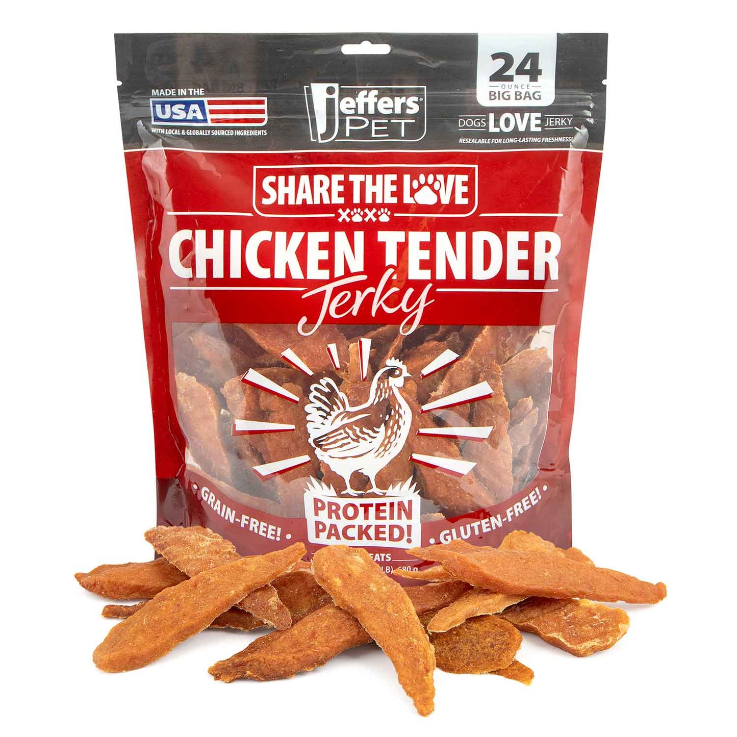 jeffers chicken jerky dog treats, 24 oz bag – healthy natural chicken breast tender, grain free soft chewy pet snacks, high protein training rewards for puppies & adult dogs, made in usa - 1 pack
