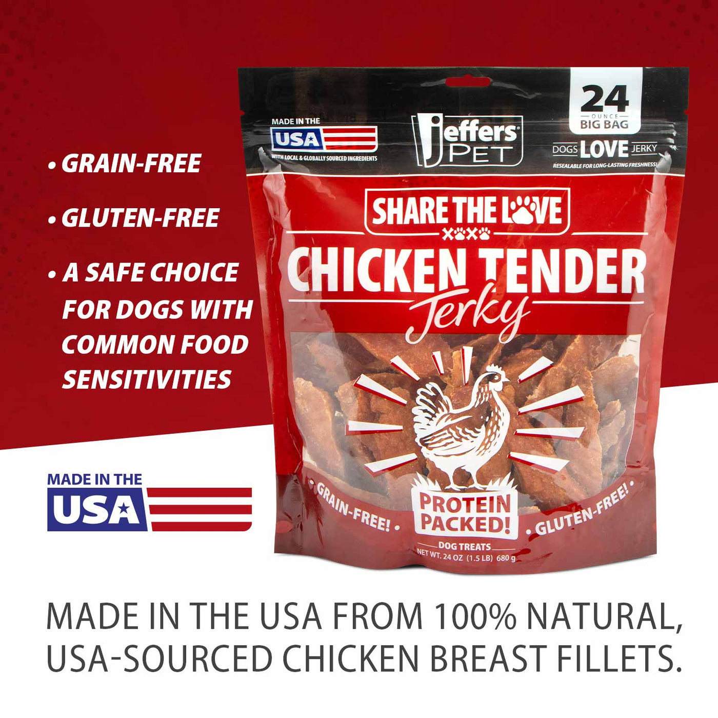 jeffers chicken jerky dog treats, 24 oz bag – healthy natural chicken breast tender, grain free soft chewy pet snacks, high protein training rewards for puppies & adult dogs, made in usa - 1 pack