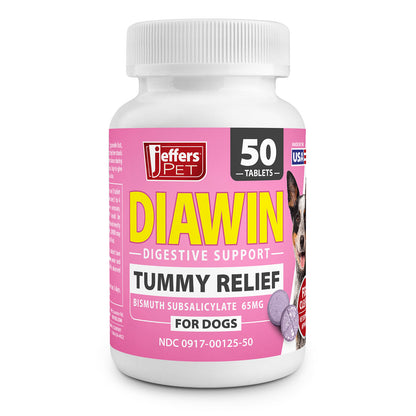 Jeffers Pet Diawin Dog Digestive Support Tablets, Veterinary Formulated, Bismuth Tummy Relief for Diarrhea for Dogs, Stool Firming, Gut Health, Made in USA - 50 Tablets