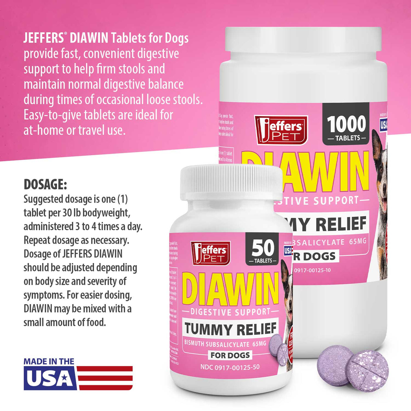 jeffers pet diawin dog digestive support tablets, veterinary formulated, bismuth tummy relief for diarrhea for dogs, stool firming, gut health, made in usa - 50 tablets
