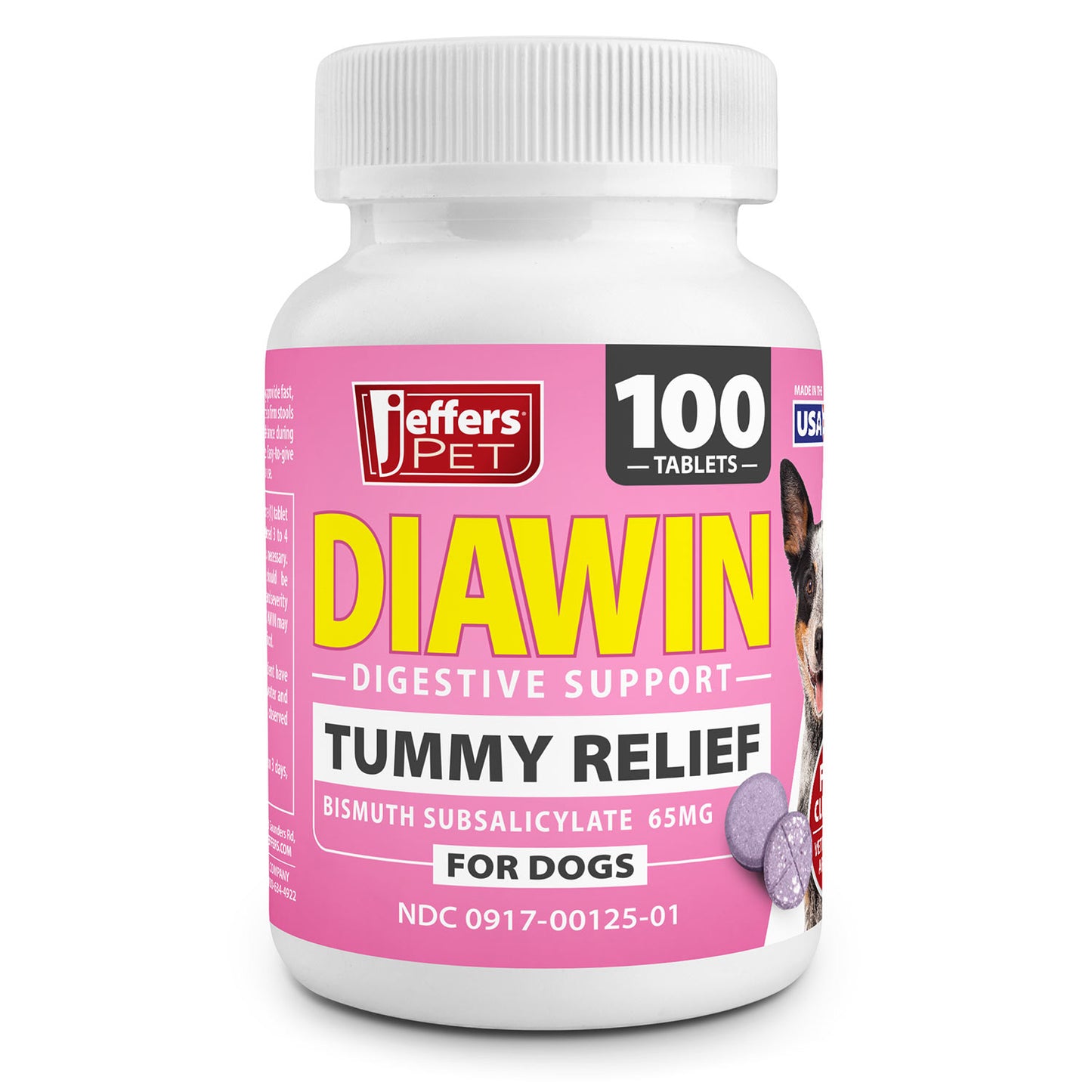 jeffers pet diawin dog digestive support tablets, veterinary formulated, bismuth tummy relief for diarrhea for dogs, stool firming, gut health, made in usa - 100 tablets