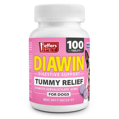 Jeffers Pet Diawin Dog Digestive Support Tablets, Veterinary Formulated, Bismuth Tummy Relief for Diarrhea for Dogs, Stool Firming, Gut Health, Made in USA - 100 Tablets