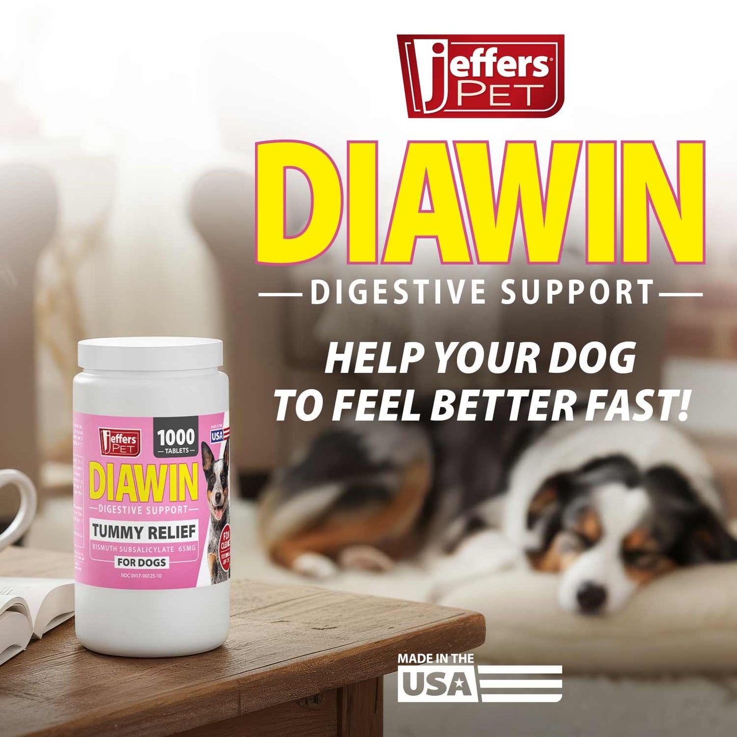 jeffers pet diawin dog digestive support tablets, veterinary formulated, bismuth tummy relief for diarrhea for dogs, stool firming, gut health, made in usa - 1000 tablets