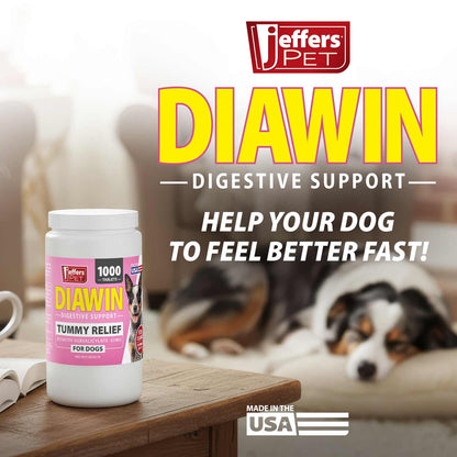 Jeffers Pet Diawin Dog Digestive Support Tablets, Veterinary Formulated, Bismuth Tummy Relief for Diarrhea for Dogs, Stool Firming, Gut Health, Made in USA - 1000 Tablets
