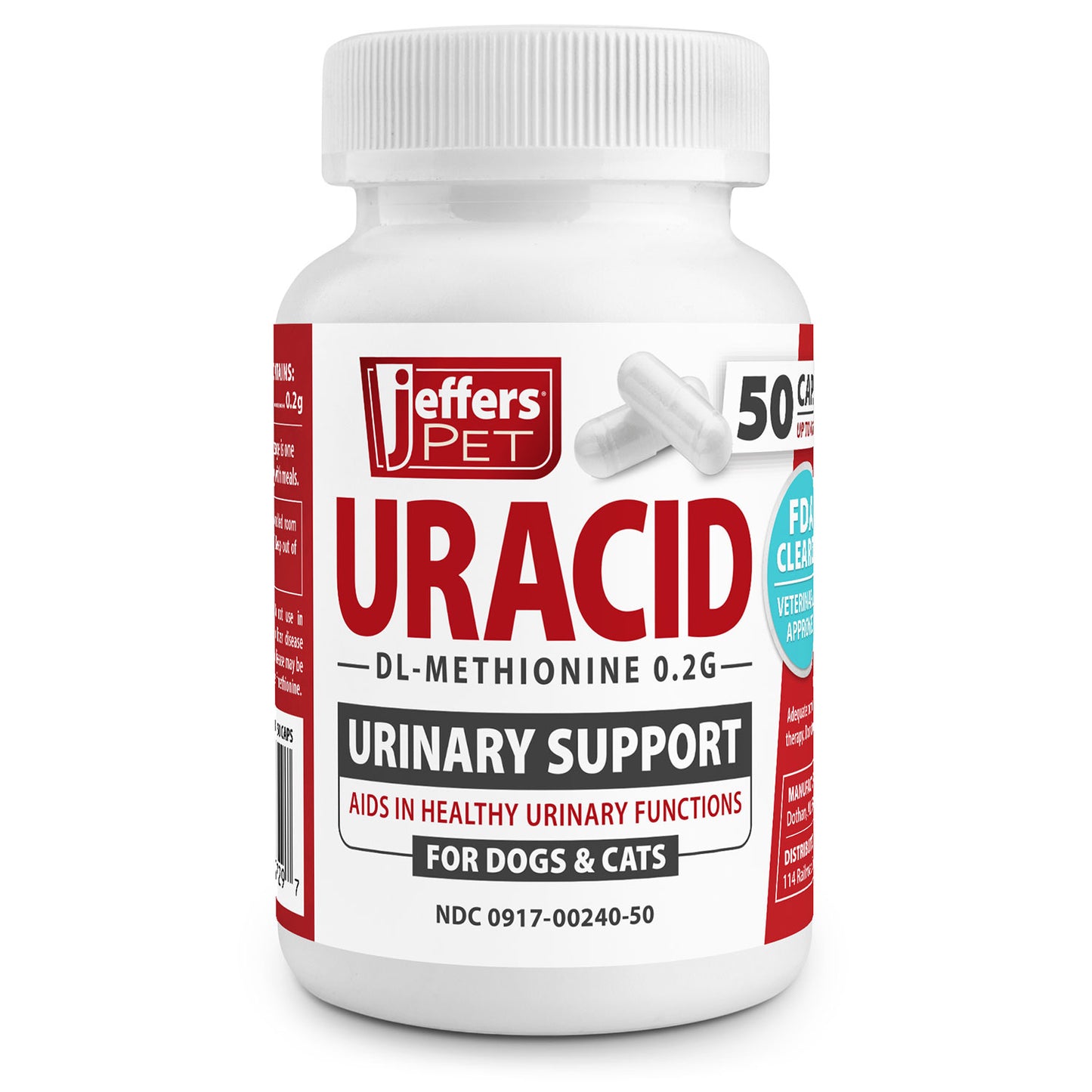jeffers pet uracid dl-methionine capsules for dogs & cats, urinary ph acidifier for crystals, bladder stones, urinary tract support, fast acting urinary health supplement, made in usa - 50 capsule
