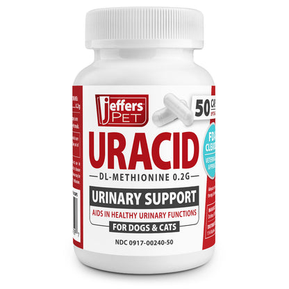 Jeffers Pet Uracid DL-Methionine Capsules for Dogs & Cats, Urinary pH Acidifier for Crystals, Bladder Stones, Urinary Tract Support, Fast Acting Urinary Health Supplement, Made in USA - 50 Capsule