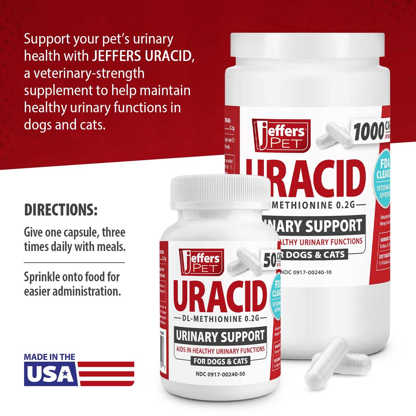 jeffers pet uracid dl-methionine capsules for dogs & cats, urinary ph acidifier for crystals, bladder stones, urinary tract support, fast acting urinary health supplement, made in usa - 50 capsule