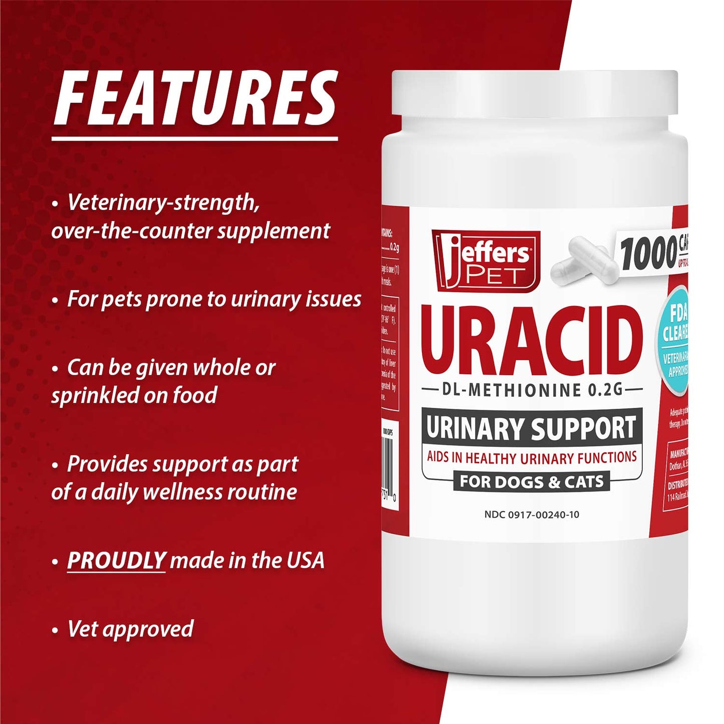 jeffers pet uracid dl-methionine capsules for dogs & cats, urinary ph acidifier for crystals, bladder stones, urinary tract support, fast acting urinary health supplement, made in usa - 100 capsule