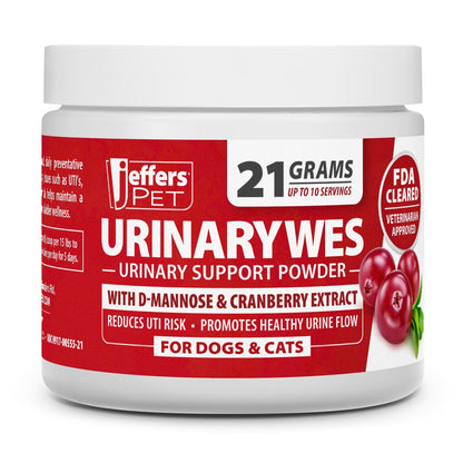 Jeffers Pet UrinaryWes Urinary Support Powder for Dogs & Cats, D-Mannose & Cranberry Supplement for Urinary Tract & Bladder Health, Kidney Support, UTI Prevention, Chicken Flavor Food Topper – 21 g