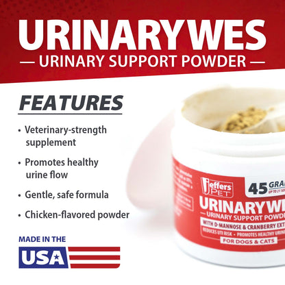Jeffers Pet UrinaryWes Urinary Support Powder for Dogs & Cats, D-Mannose & Cranberry Supplement for Urinary Tract & Bladder Health, Kidney Support, UTI Prevention, Chicken Flavor Food Topper – 90 g
