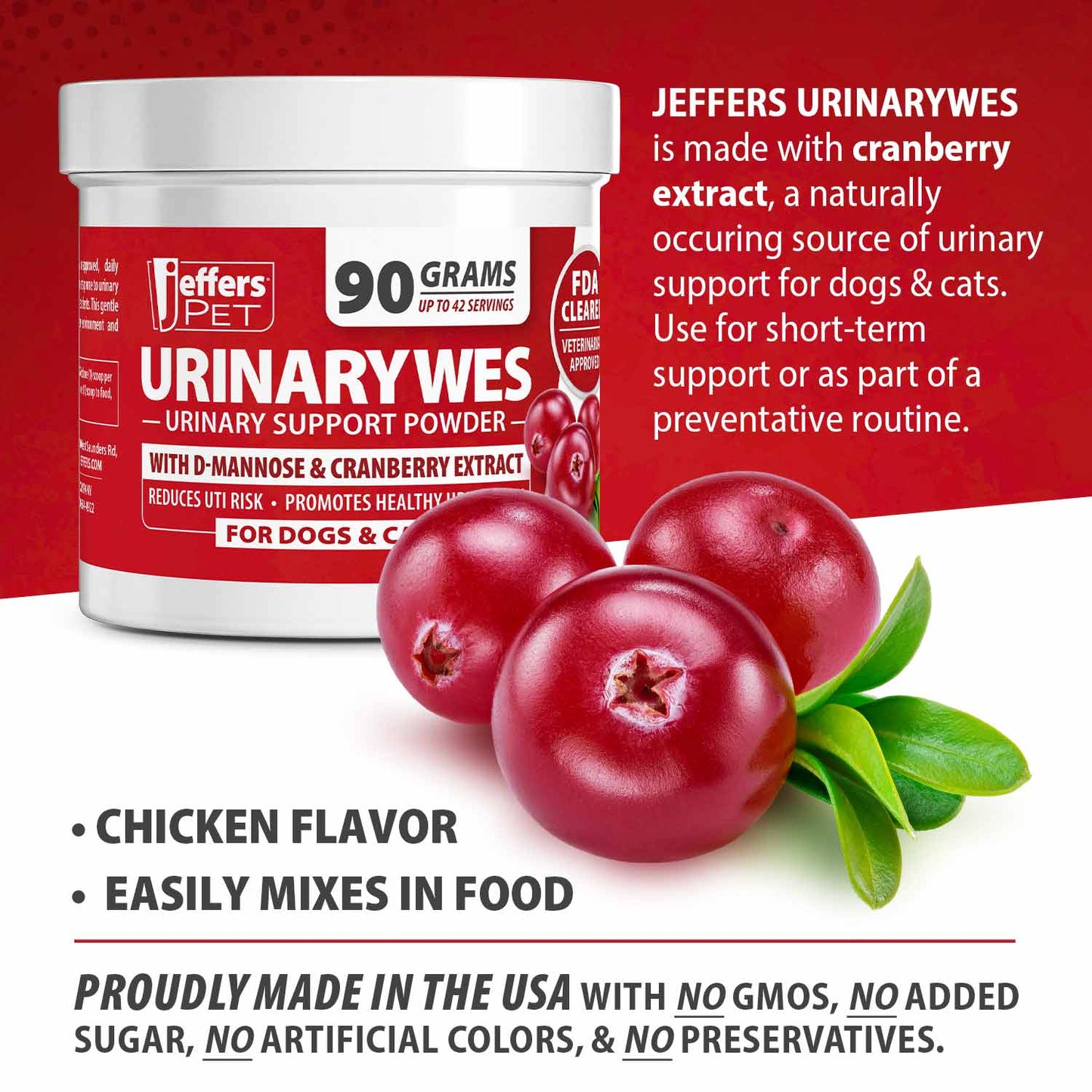 jeffers pet urinarywes urinary support powder for dogs & cats, d-mannose & cranberry supplement for urinary tract & bladder health, kidney support, uti prevention, chicken flavor food topper – 90 g