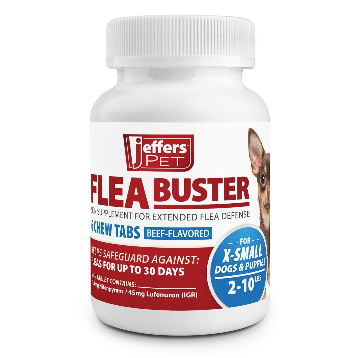 jeffers pet flea buster chewable tablets for dogs 2–10 lbs, beef flavor supplement for small dogs and puppies, monthly dog flea support, made in usa, easy to feed dog tablets - 6 count