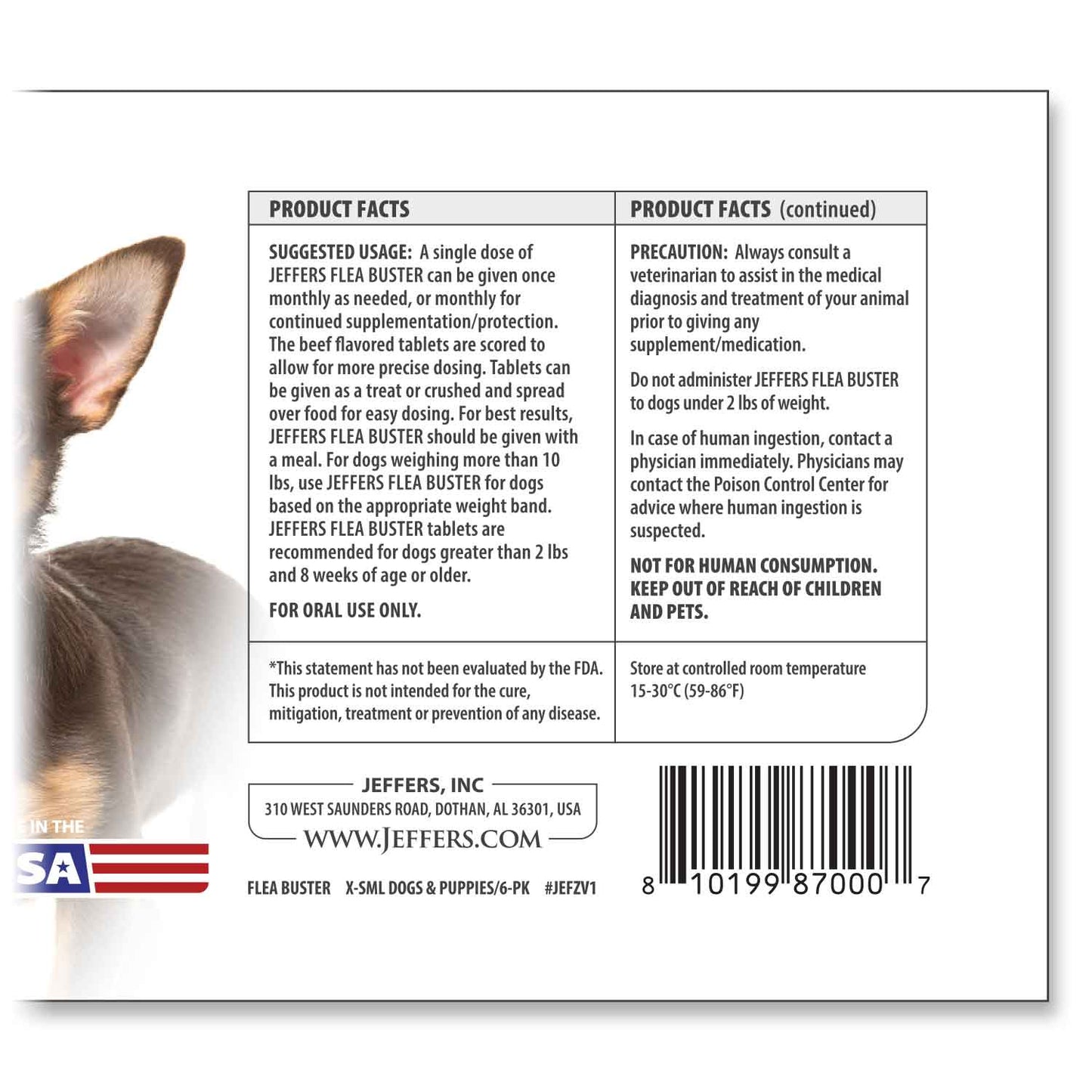 jeffers pet flea buster chewable tablets for dogs 2–10 lbs, beef flavor supplement for small dogs and puppies, monthly dog flea support, made in usa, easy to feed dog tablets - 6 count