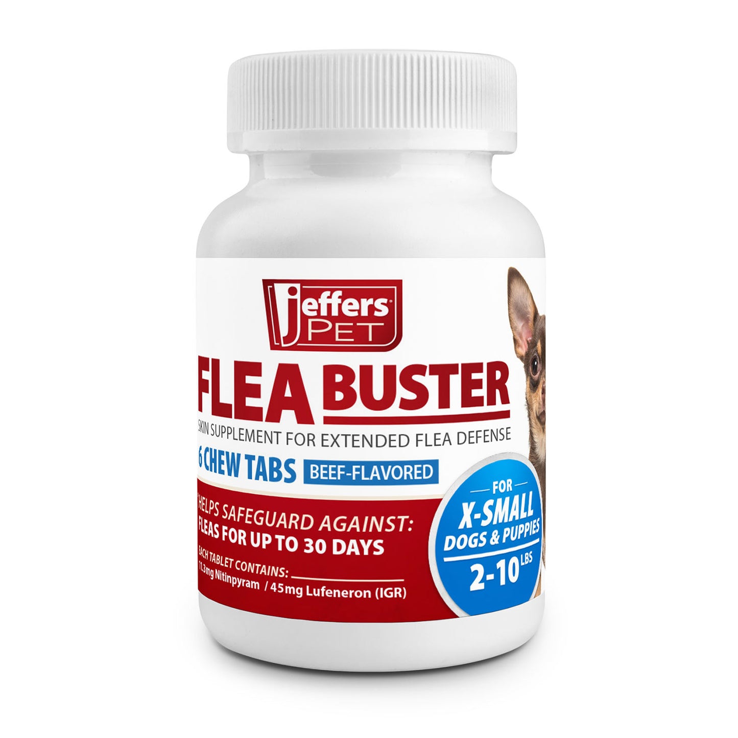 jeffers pet flea buster chewable tablets for dogs 2–10 lbs, beef flavor supplement for small dogs and puppies, monthly dog flea support, made in usa, easy to feed dog tablets - 6 count