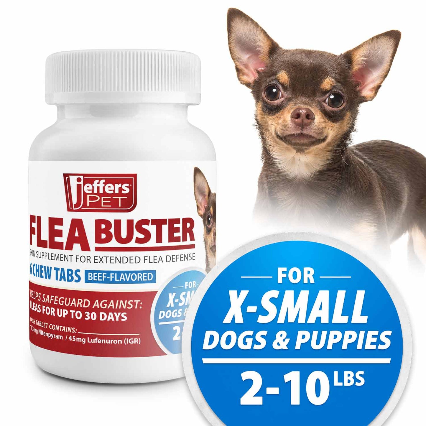 jeffers pet flea buster chewable tablets for dogs 2–10 lbs, beef flavor supplement for small dogs and puppies, monthly dog flea support, made in usa, easy to feed dog tablets - 6 count