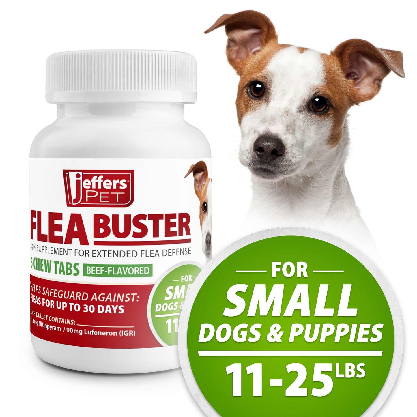 jeffers pet flea buster chewable tablets for dogs 11-25 lbs, beef flavor supplement for small dogs and puppies, monthly dog flea support, made in usa, easy to feed dog tablets - 6 count